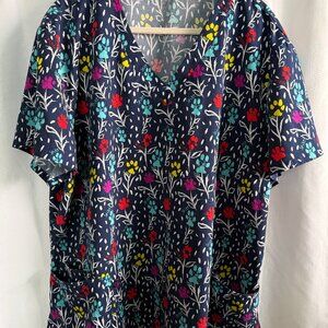 GT Performance 3XL Paw Print Floral Scrub Top Plus Size Navy V Neck VGUC